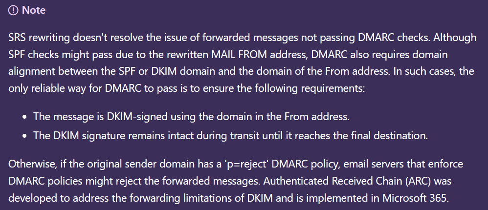 A screenshot of Microsoft's warning about SRS not fixing DMARC failure - which misses the point as this vulnerability shows