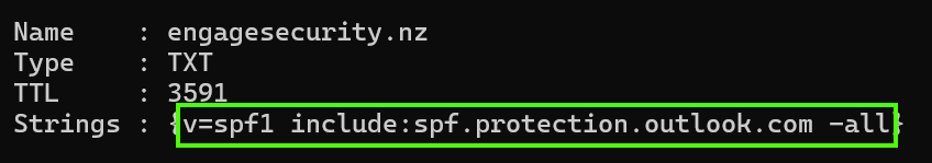 Example SPF record for engagesecurity.nz with v=spf1 include:spf.protection.outlook.com -all