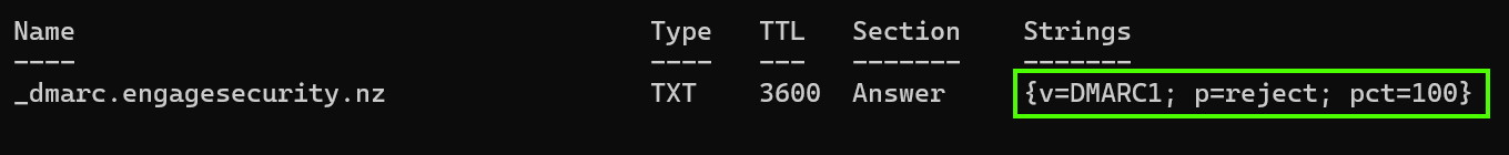 Example of a DMARC record with record as v=DMARC1; p=reject; pct=100