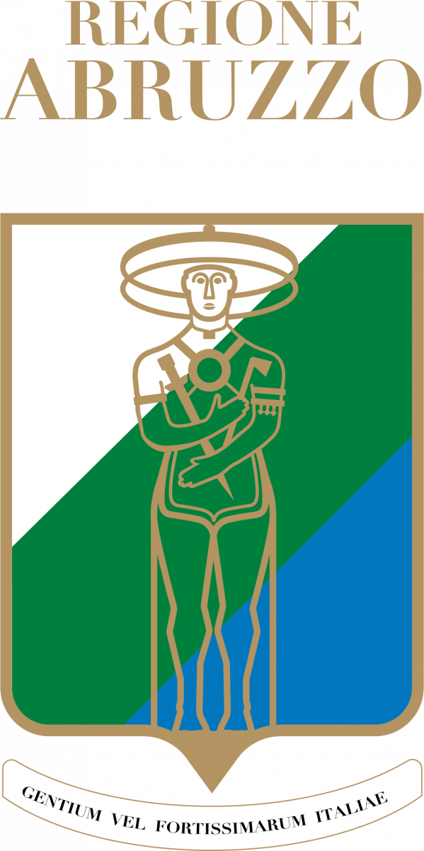 Logo della Regione Abruzzo con figura stilizzata di un uomo con cappello e strumenti agricoli, i colori sono bianco, verde, blu e oro.