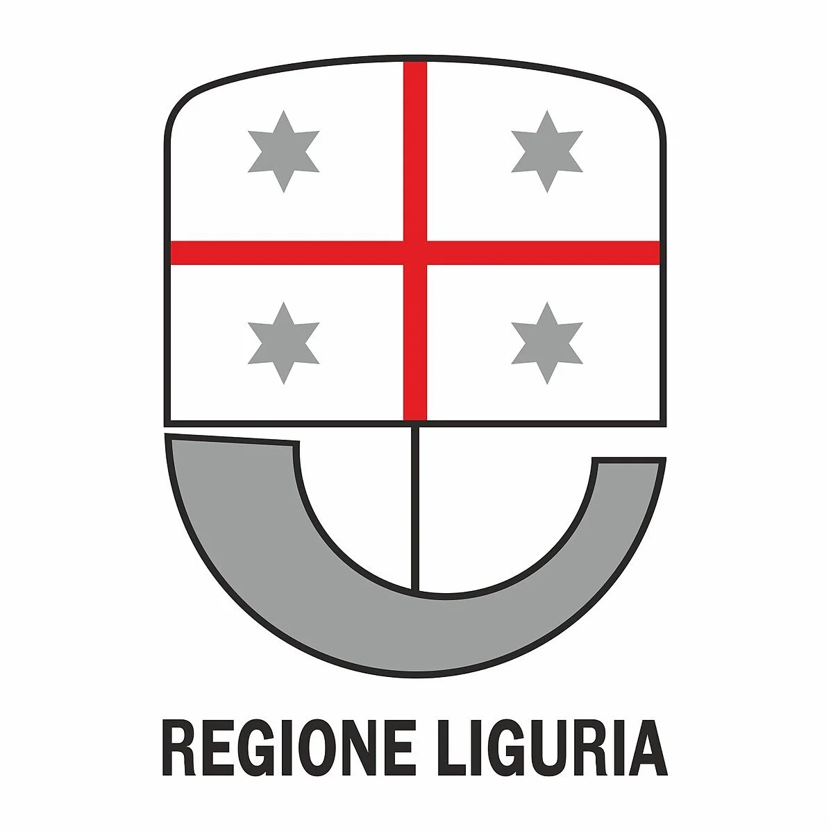Stemma della regione Liguria con un rosso croce e cinque stelle grigie su sfondo bianco, e scritta "Regione Liguria" sotto.