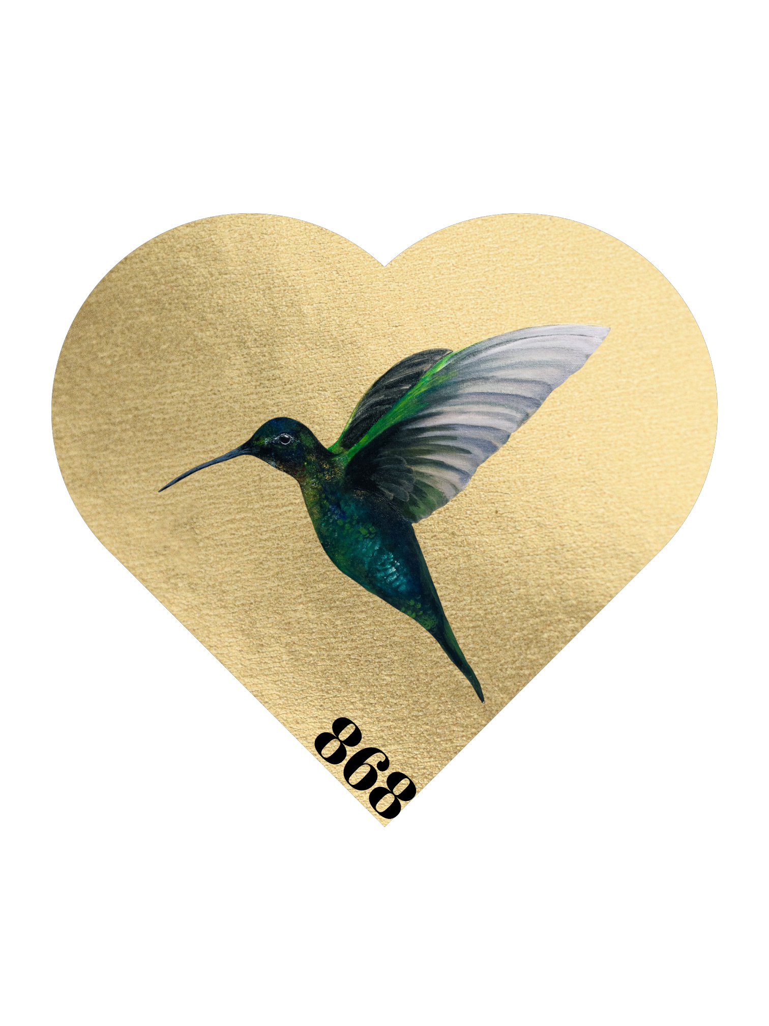 A tattoo of a hummingbird on a heart-shaped skin patch, with the number 8668.
