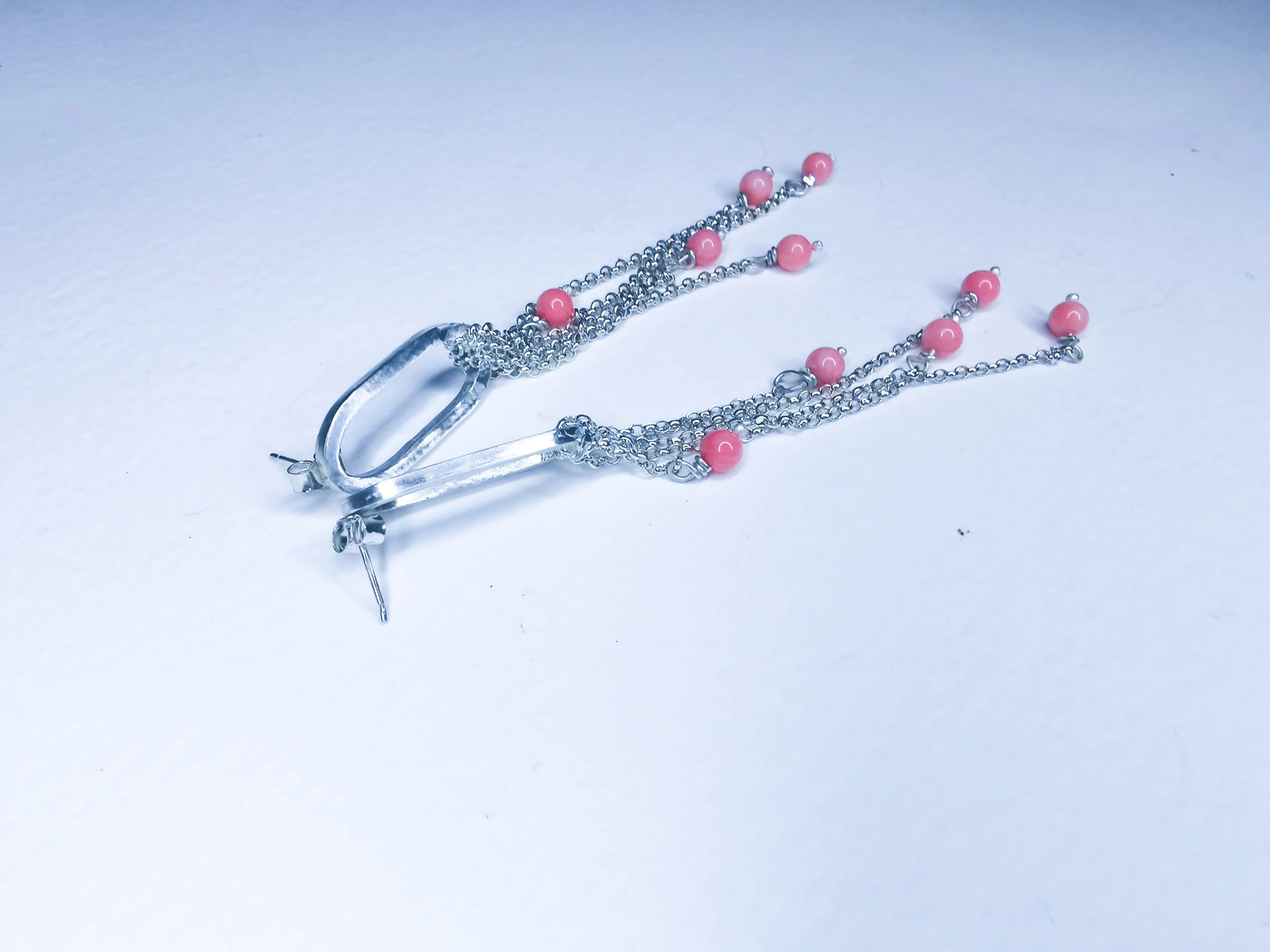 Silver and Pink Beaded Chain Earrings