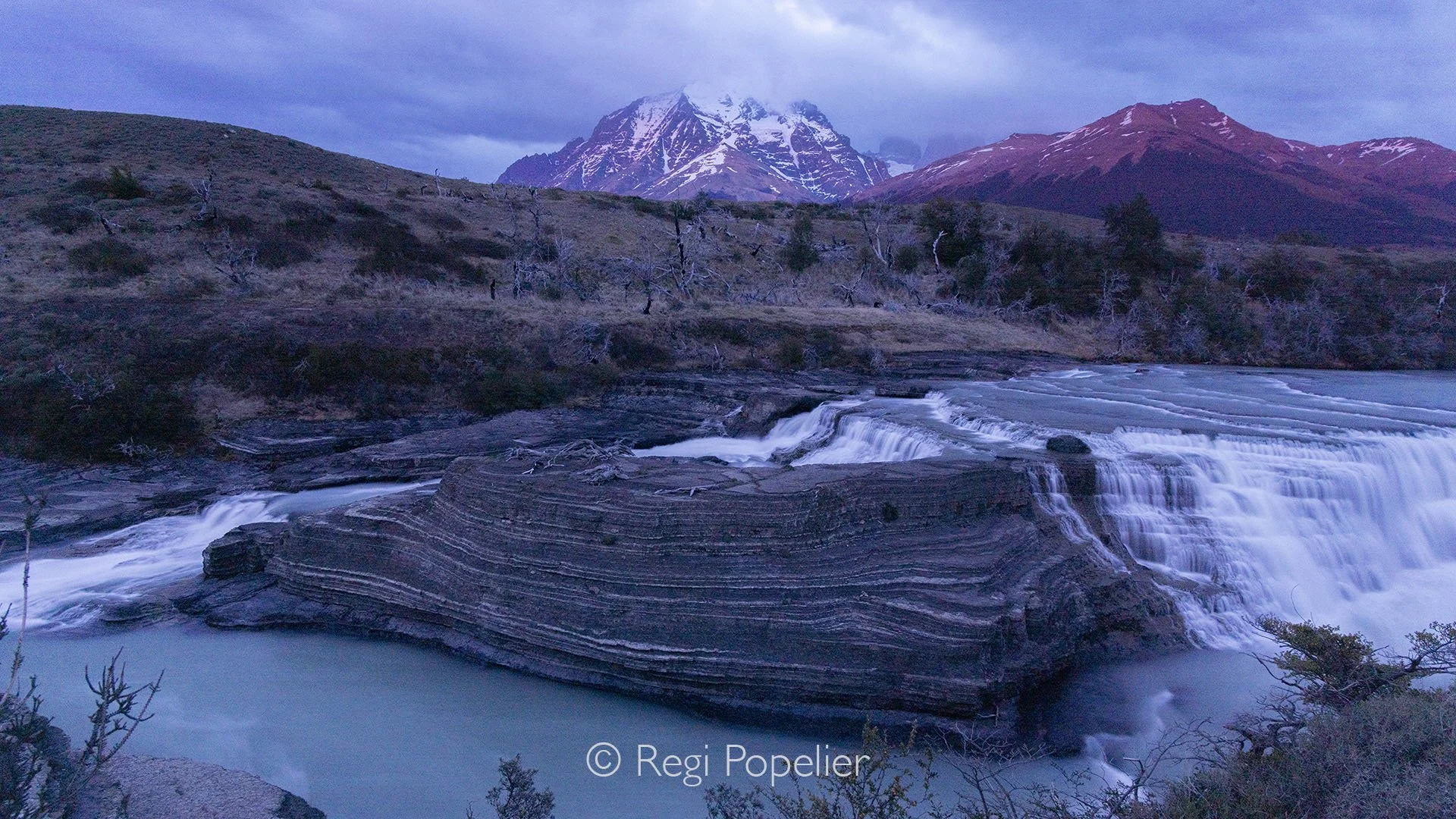 CHILI010 - Rio paine waterfall at evening.