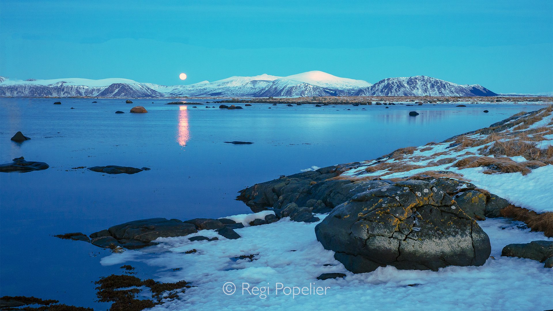 NORWAY022 - Blue twilight settles over the valley, wrapping mountains and forests in a peaceful Arctic glow.