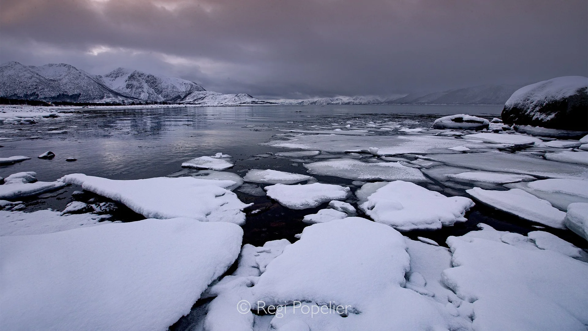 NORWAY010 -  A frozen stream winds through snow covered rocks, where flowing water still whispers beneath the ice.