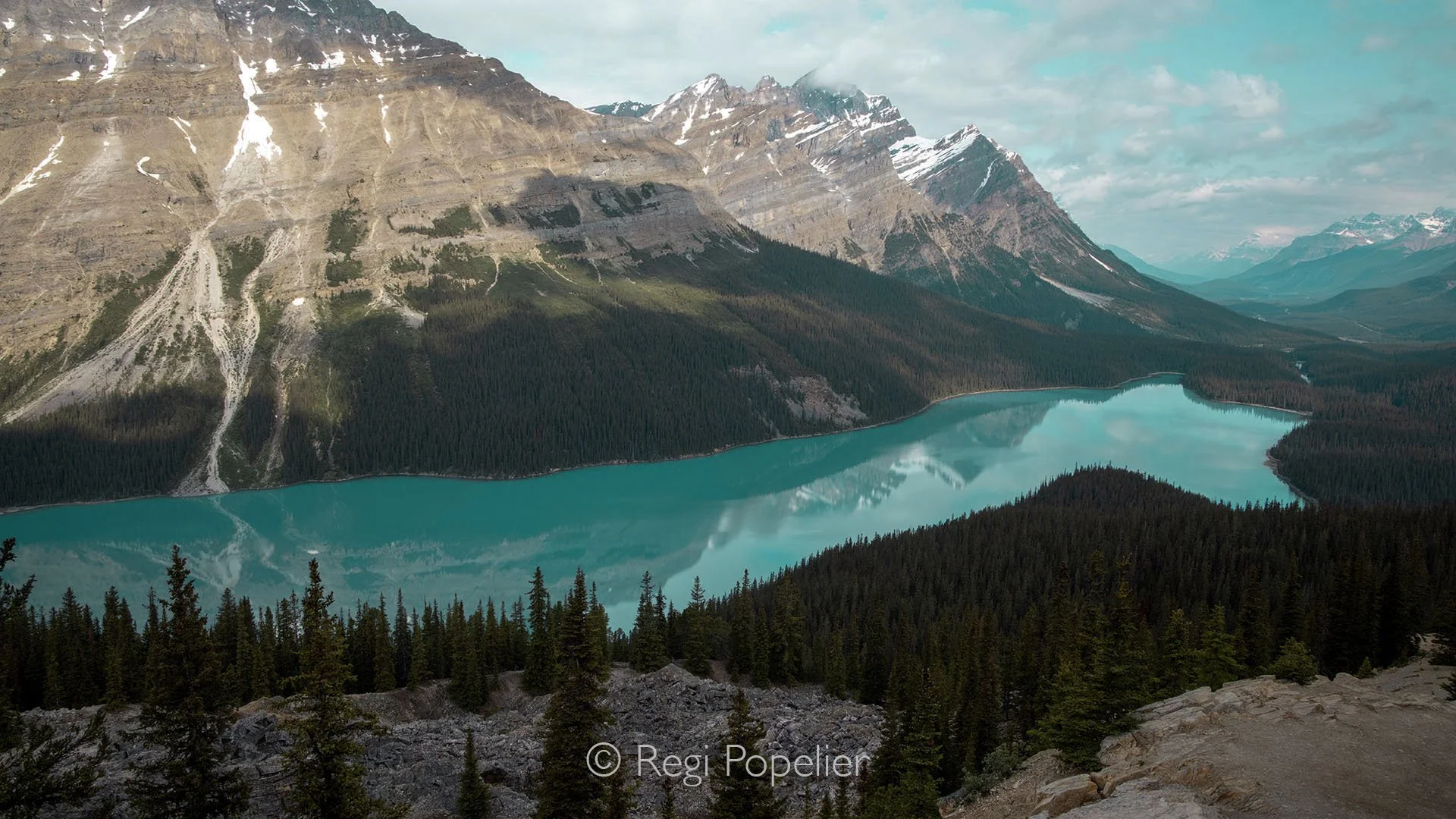 CAN015 - Peyto Lake in Banff National Park sparkles with its characteristic turquoise water, framed by rugged mountains. At early morning, a soft mist hangs over the lake, giving the landscape a serene and almost magical aura.