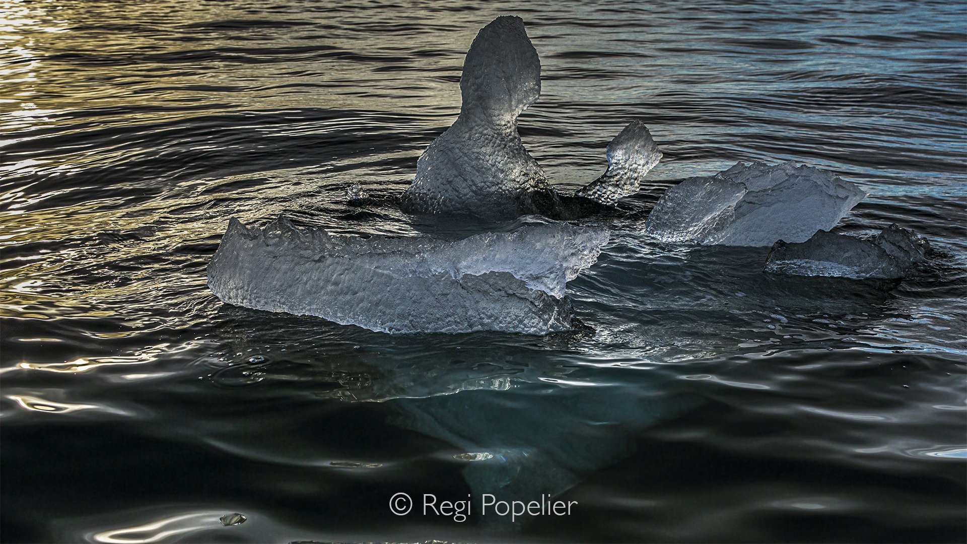 NPOLE055 - Silhouet of a small ice berg at sunrise.