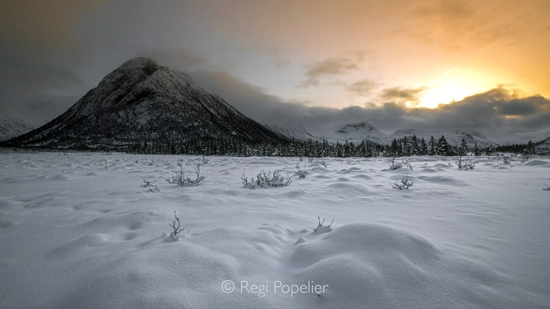NORWAY007 - The first light of dawn paints the snow in delicate shades of blue, orange , revealing the quiet beauty of an Arctic morning.