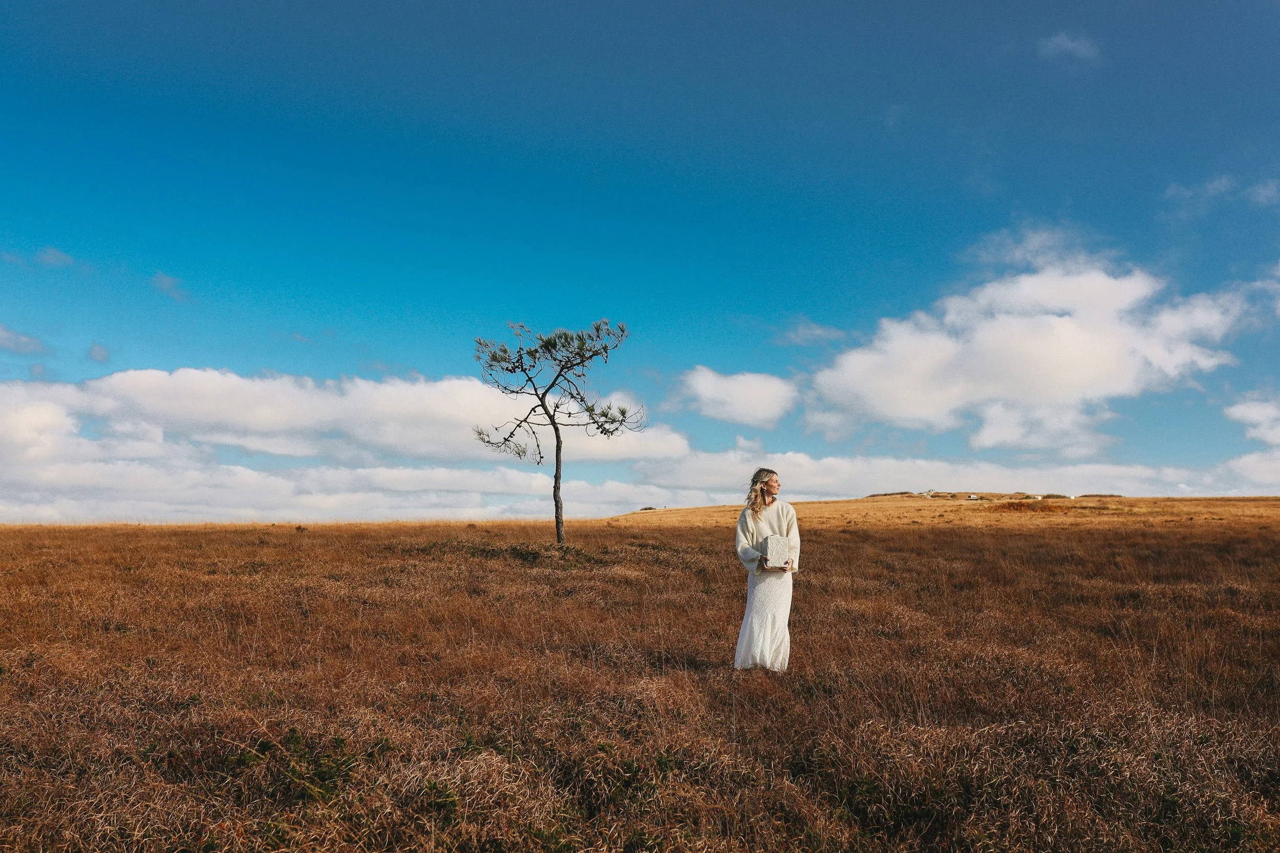 Une femme en robe blanche tient un livre ou un carnet dans un champ de pelouses brunes, sous un ciel bleu avec quelques nuages, avec un arbre solitaire derrière elle.