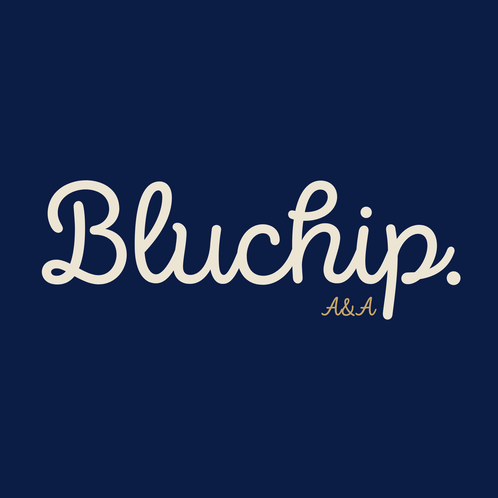 Close-up of a sign with the words 'Bluchip' and 'A&A' on a dark blue background.