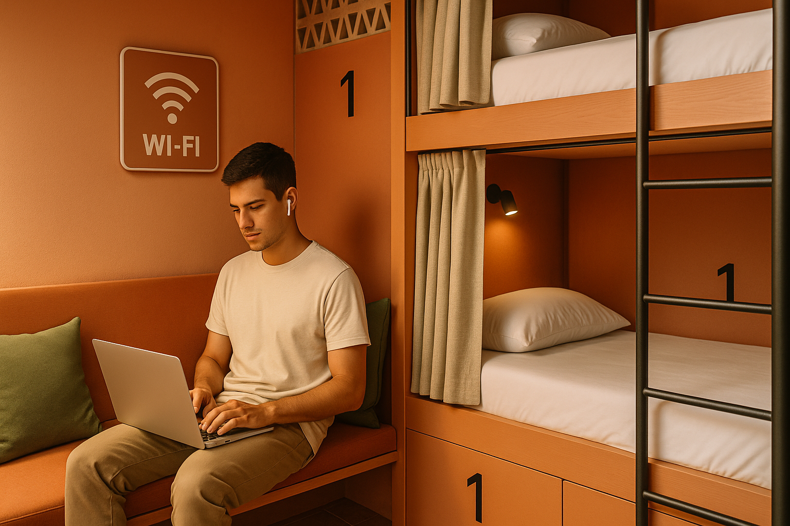 Joven usando auriculares y trabajando en una laptop en una habitación de hotel con literas y un cartel de Wi-Fi en la pared.