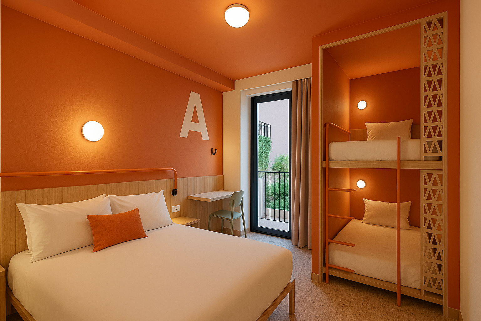 Habitación con paredes naranjas, cama doble con almohadas blancas y cojín naranja, litera de dos camas, balcón con vista a áreas verdes, y decoración moderna.