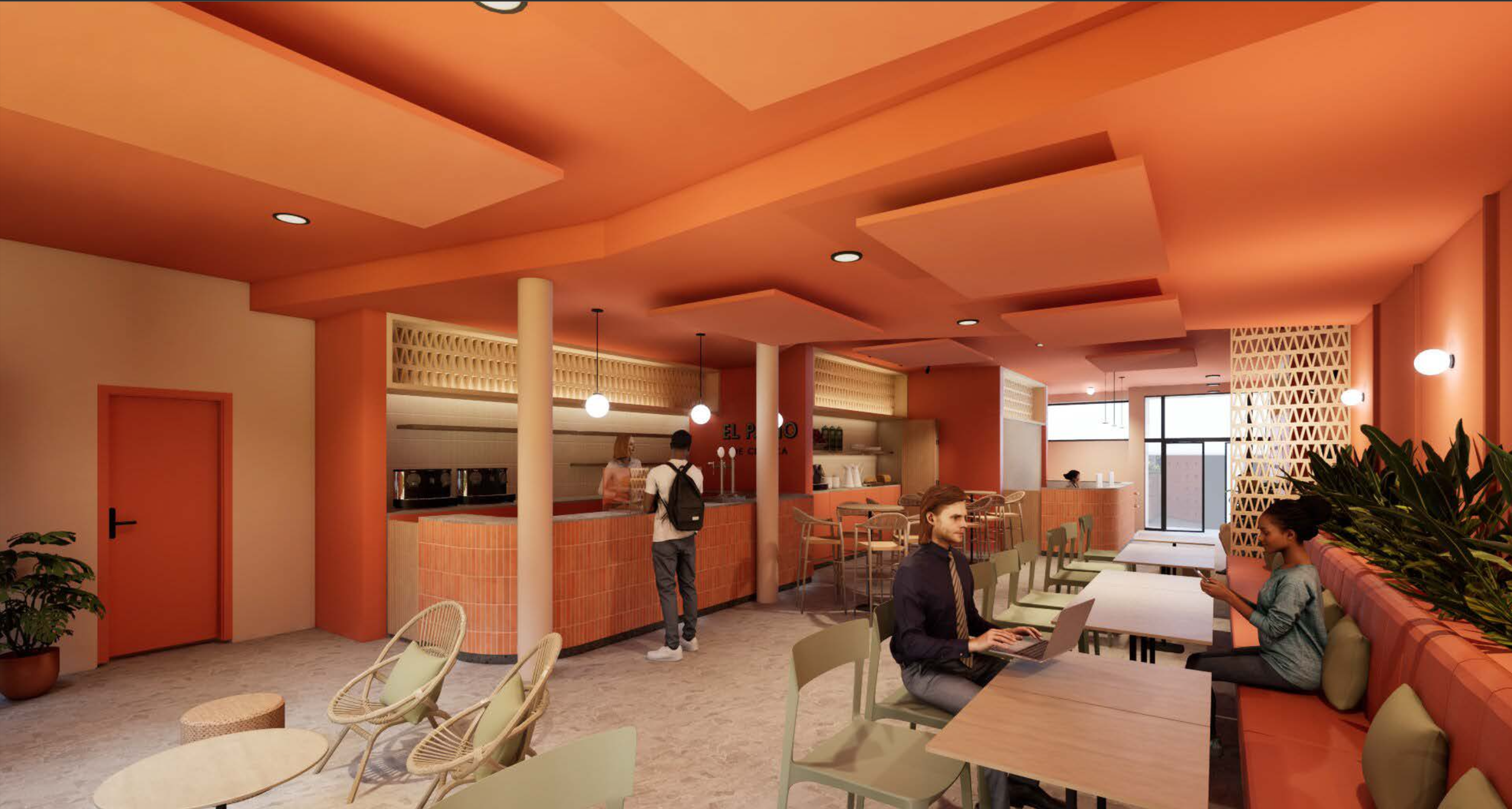 Interior de una cafetería moderna con paredes y mobiliario en tonos naranjas y verdes, varias personas usando laptops y teléfono móvil, y un área de mostrador al fondo