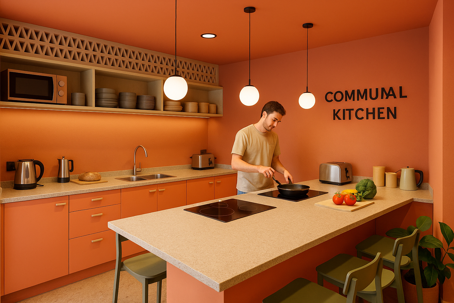 Una cocina comunitaria con paredes de color naranja, mesas de granito, estanterías abiertas con platos y tazas, y un hombre cocinando en la estufa. La pared tiene letras negras que dicen 'COMMUNAL KITCHEN'.
