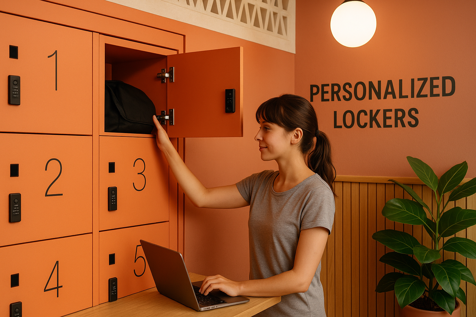 Una mujer con camiseta gris utilizando una llave para abrir la taquilla número 1 en un locker personalizado de color naranja, al fondo un cartel que dice "Personalized Lockers" y una planta verde a la derecha.