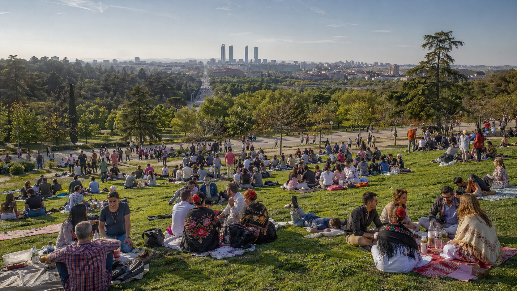 Vista panorámica de la Pradera de San Isidro con gente haciendo picnic y skyline de Madrid al fondo.
