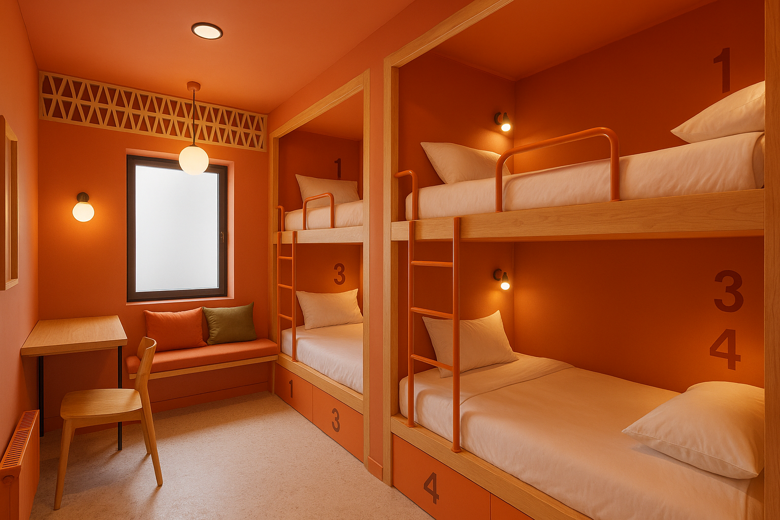 Habitación con literas numeradas y una ventana, decorada en tonos naranjas.