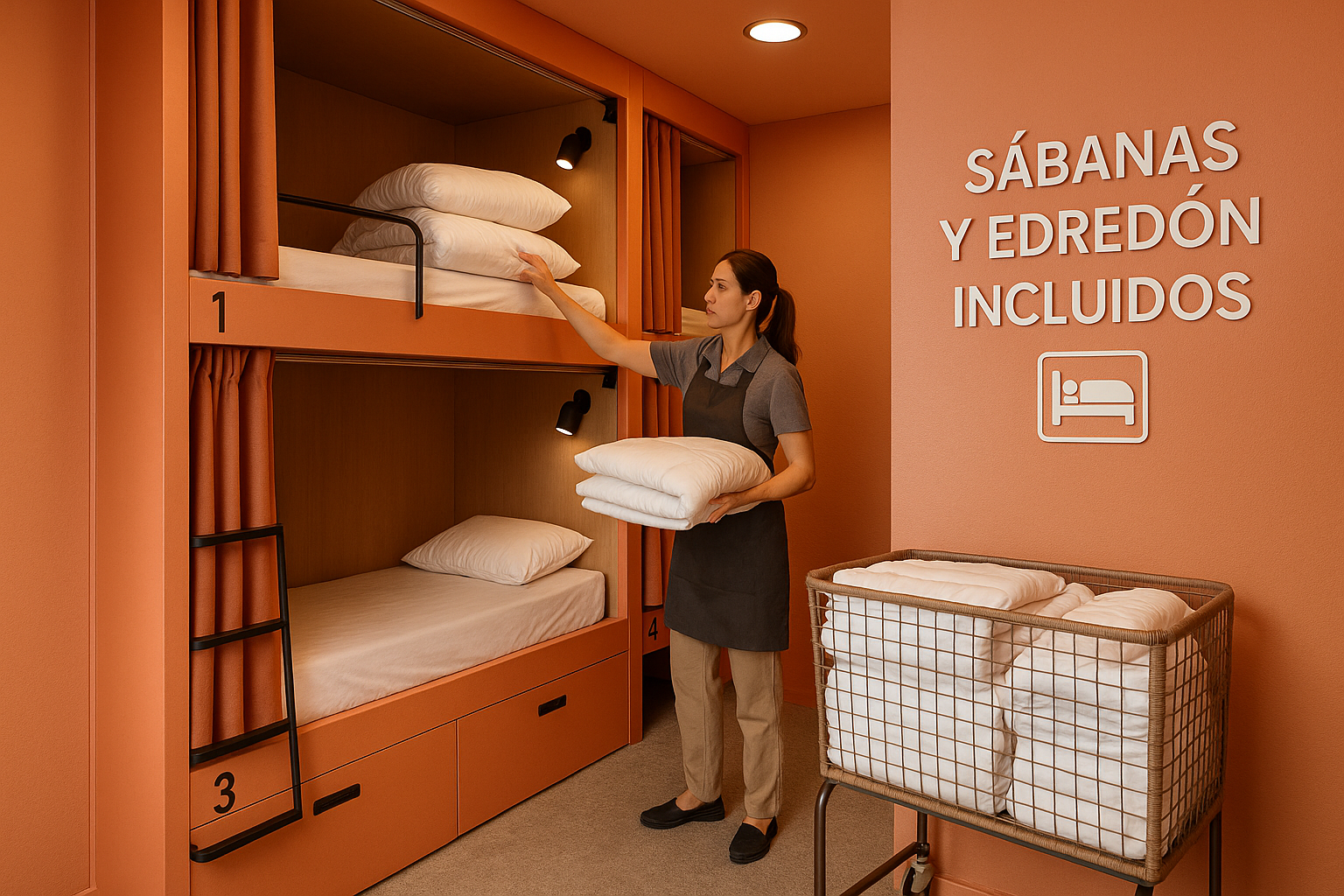 Una empleada organiza sábanas y edredones en un área de almacenamiento en un hotel, con un cartel que dice 'Sábanas y edredón incluidos' y una imagen de cama.