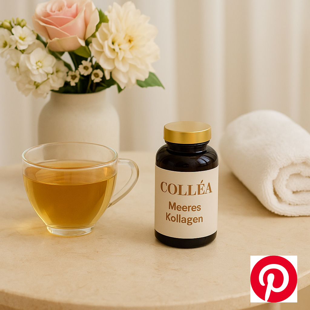 Eine Tasse mit Tee, eine Flasche Colléa Meeres Kollagen, ein Handtuch, und eine Vase mit Blumen auf einem Tisch.