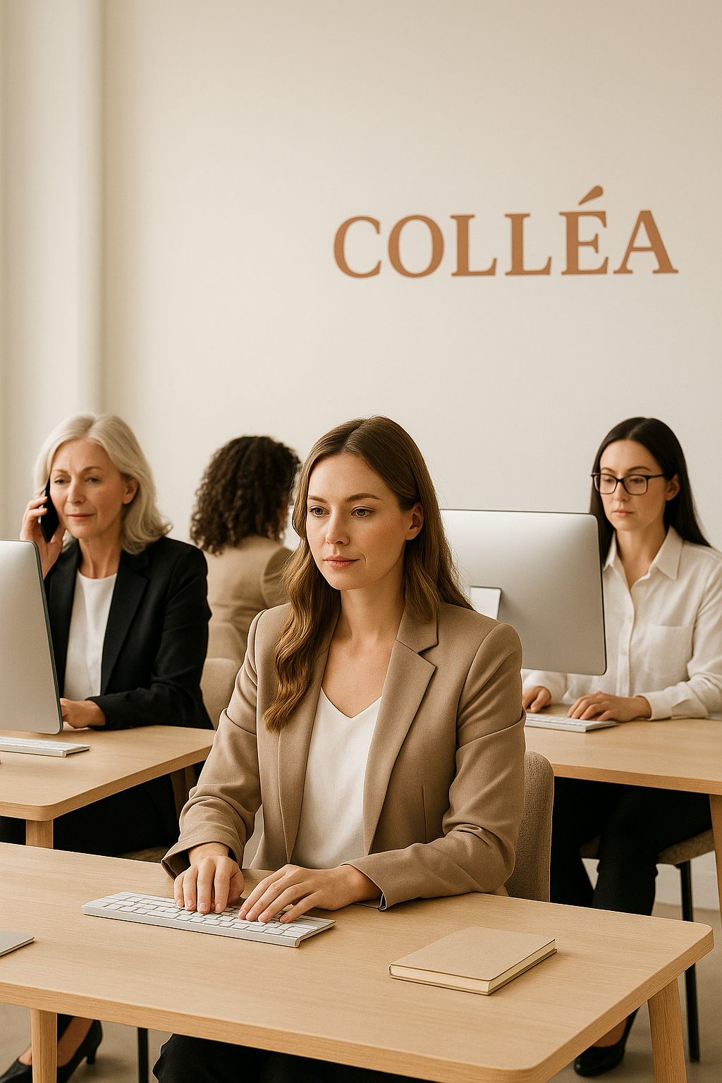 Frau sitzt an einem Schreibtisch mit Tastatur, umgeben von weiteren Frauen, alle bei der Arbeit mit Computern in einem Büro mit der Aufschrift 'COLLÉA' an der Wand.