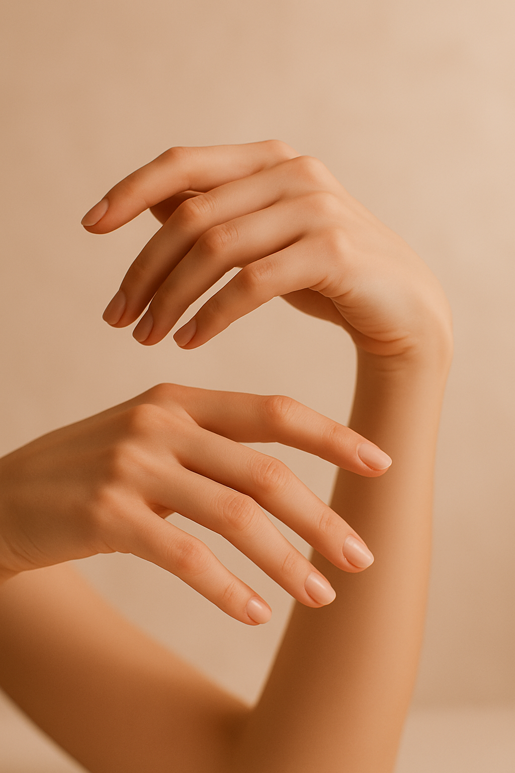 Nahaufnahme von zwei ruhenden Händen mit gepflegten Nägeln vor einem neutralen Hintergrund.