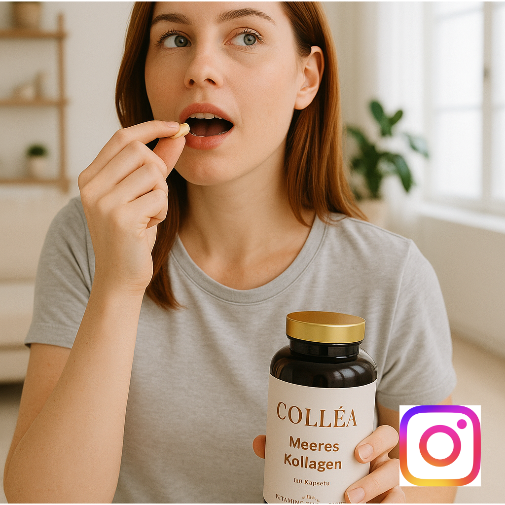 Eine junge Frau hält eine Brausetablette in der Hand und scheint sie in den Mund zu nehmen, während sie eine Flasche Kollagenpräparat hält. Sie befindet sich in einem hellen Raum mit natürlichen Licht und Pflanzen im Hintergrund.