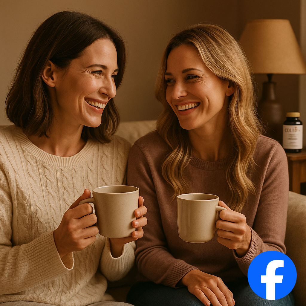 Zwei Frauen sitzen auf einer Couch, lachen und trinken Kaffee, im Hintergrund eine Lampe und ein Medikamentenflasche.