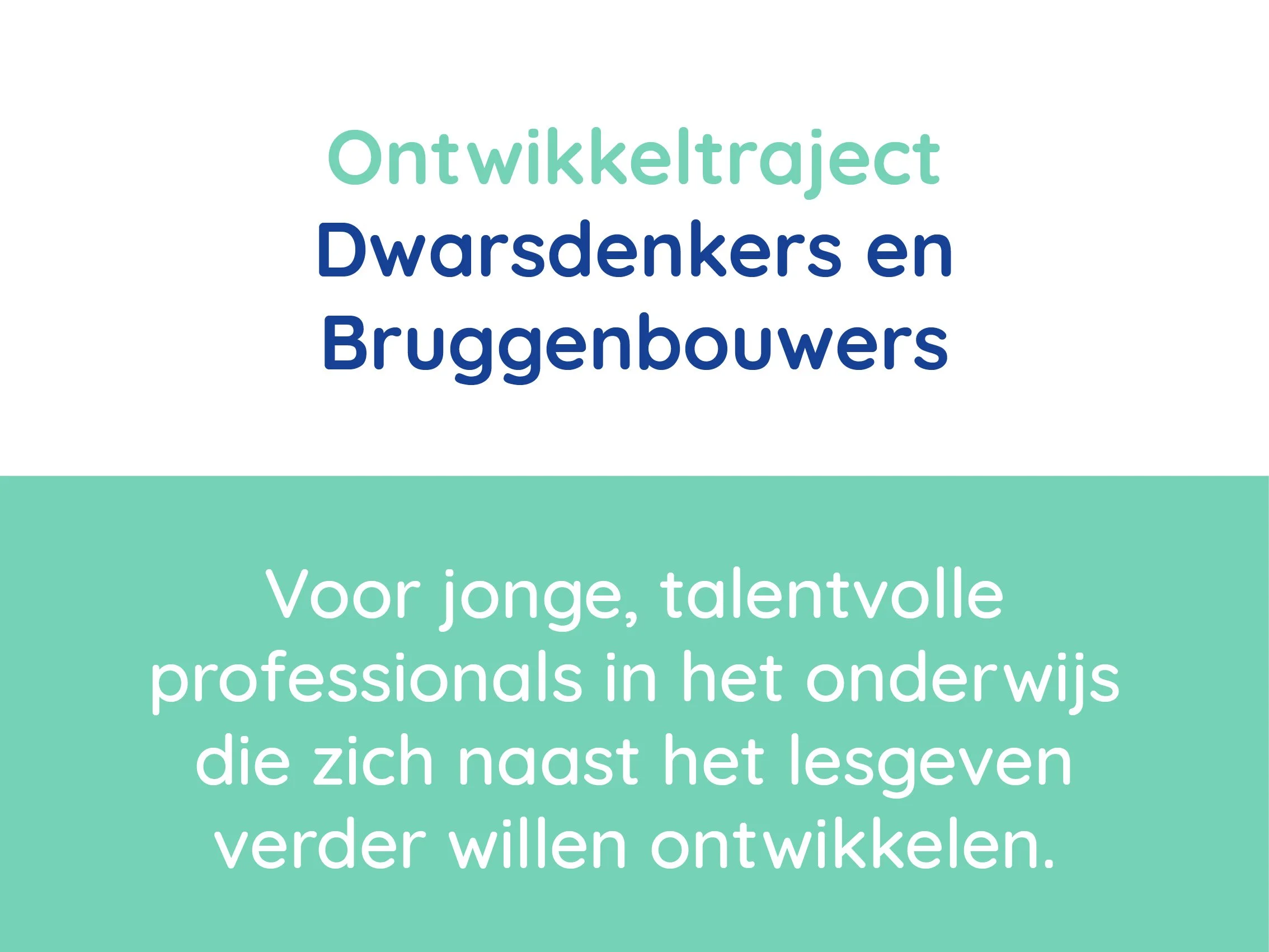 Tekst op een kleurrijke achtergrond met de titel 'Ontwikkeltraject Dwarsdenkers en Bruggenbouwers' en de ondertitel 'Voor jonge, talentvolle professionals in het onderwijs die zich naast het lesgeven verder willen ontwikkelen.'