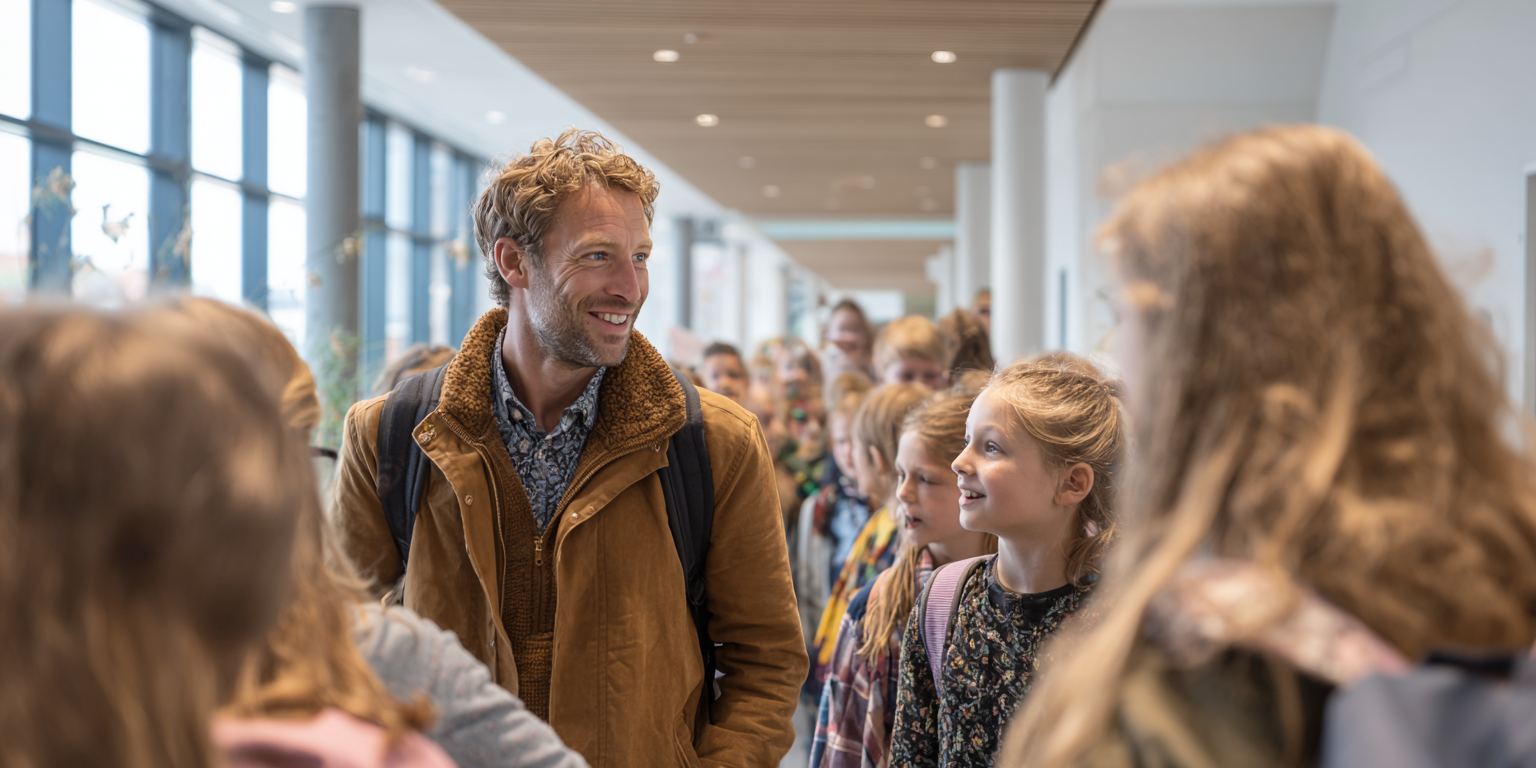 Een man die in een rij van kinderen staat, glimlacht en met een vrouw praat, in een lichte, moderne ruimte met grote ramen.