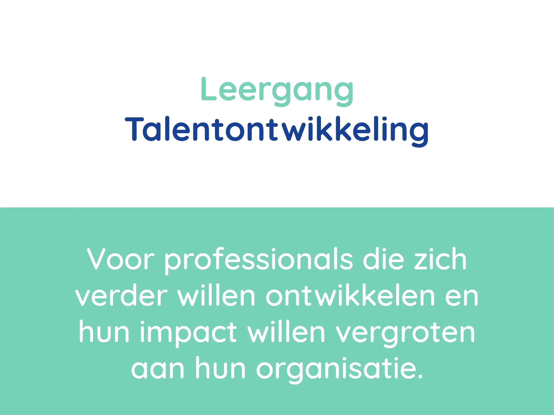 Tekst over talentontwikkeling voor professionals, met een witte achtergrond en een groene balk met witte tekst.