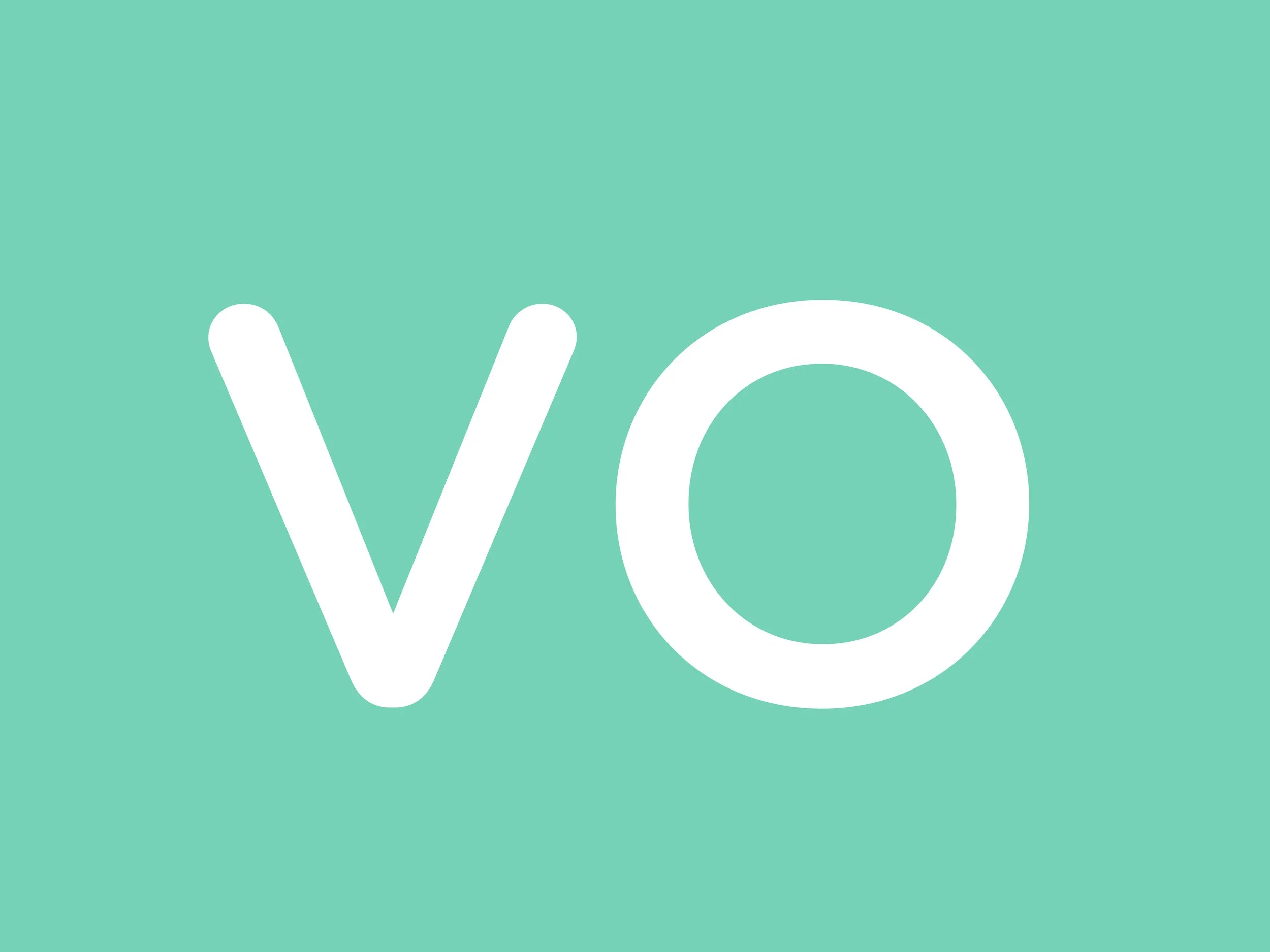 Een logo met de letters 'VO' op een aquamarijn achtergrond.