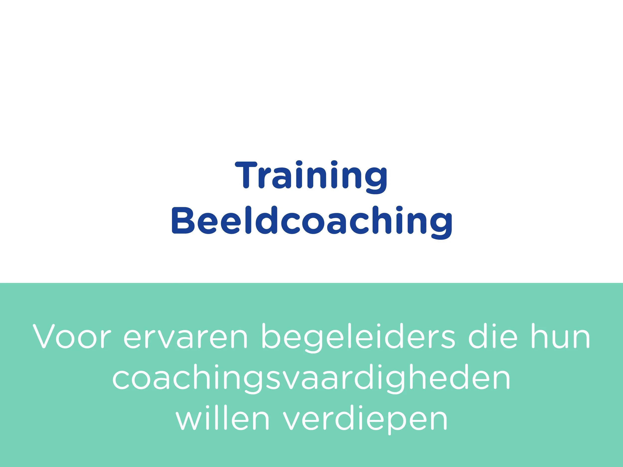 Titelpagina met de tekst 'Training Beeldcoaching' en een ondertitel in het Nederlands over ervaren begeleiders die coachingsvaardigheden willen verdiepen.