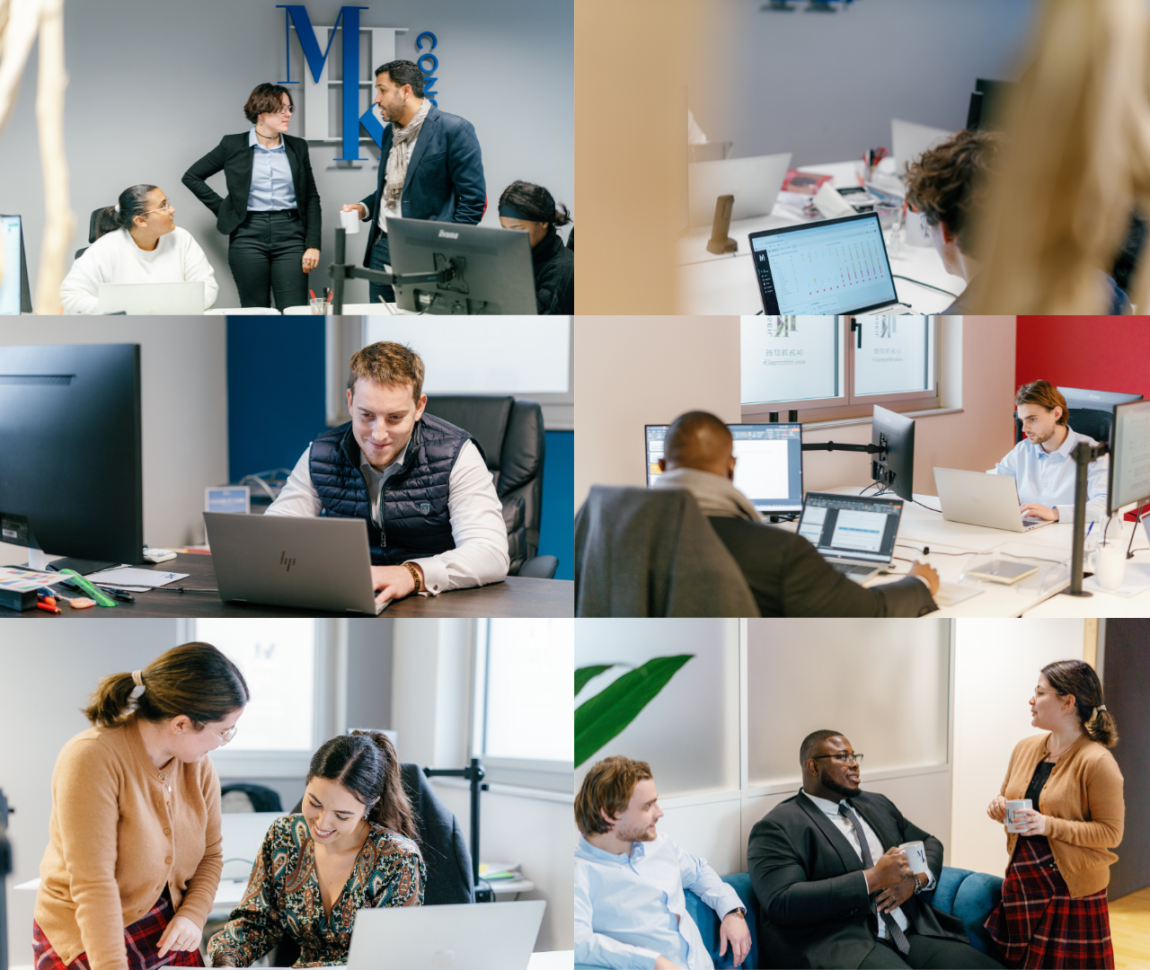 Collage de six photos montrant différents groupes de personnes travaillant ou ayant une réunion dans un bureau ou en réunion.