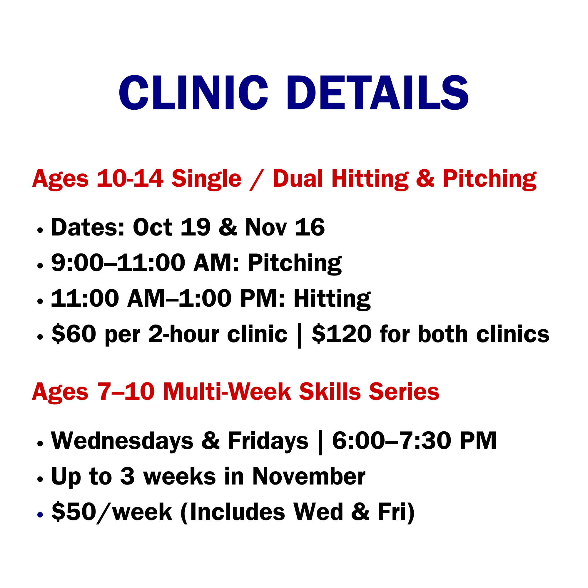 Schedule and pricing details for youth hitting and pitching clinics