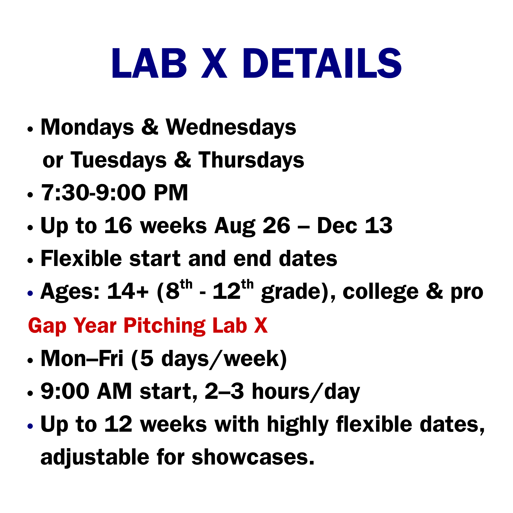 Program schedule and training details for Lab X baseball players