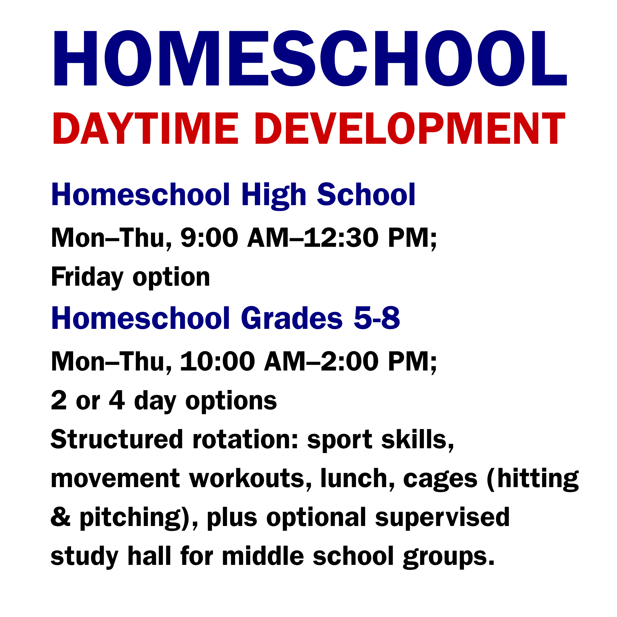 Homeschool daytime baseball instruction and athletic training in Center City