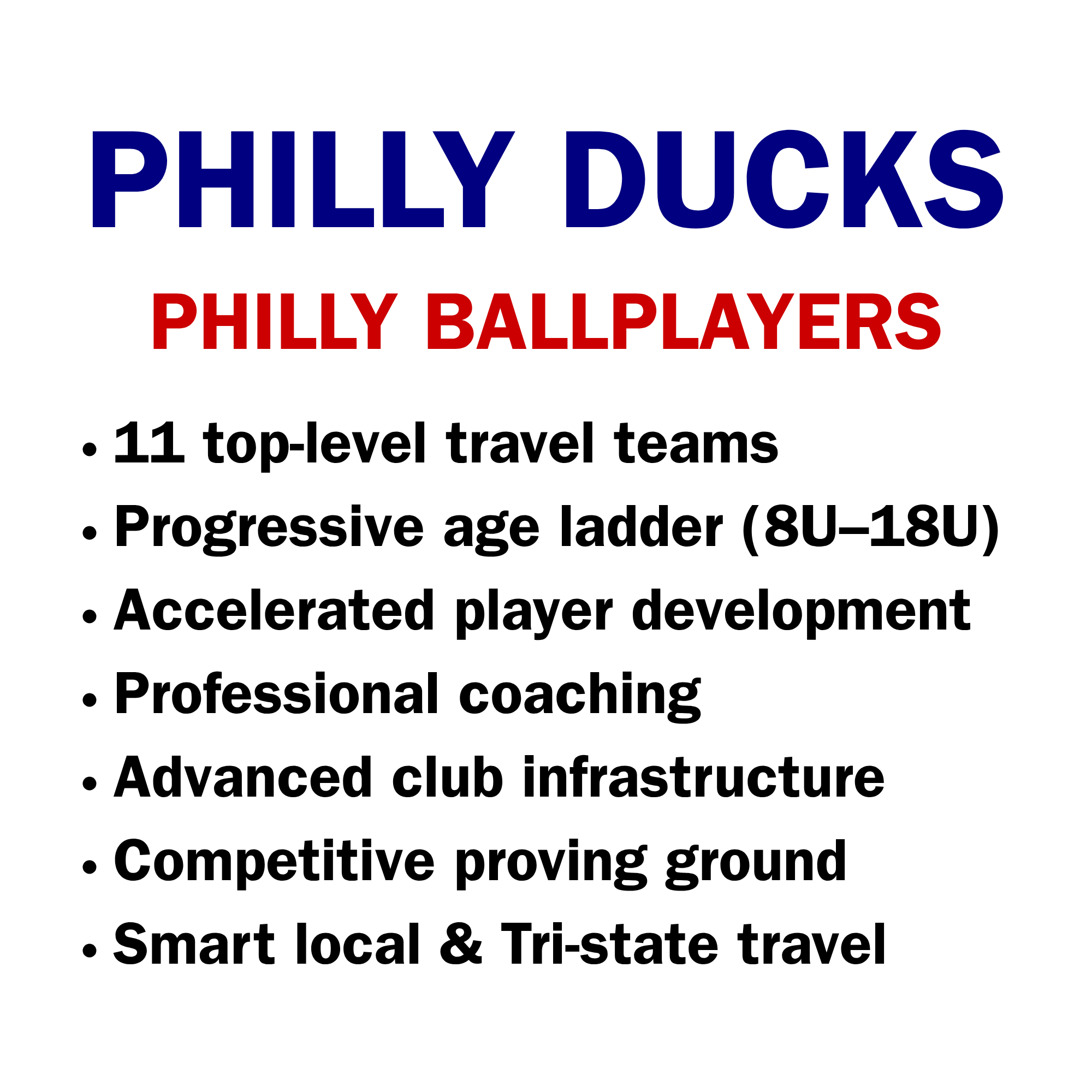 Philly Ducks 11-team travel baseball program ages 8U to 18U