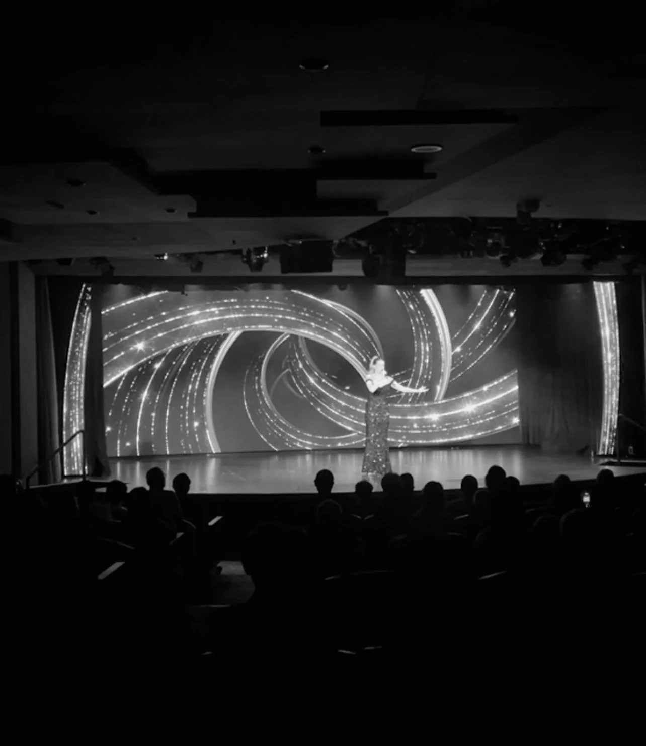 A performer on stage in front of a digital background with swirling patterns, entertaining an audience seated in a dimly lit theater.
