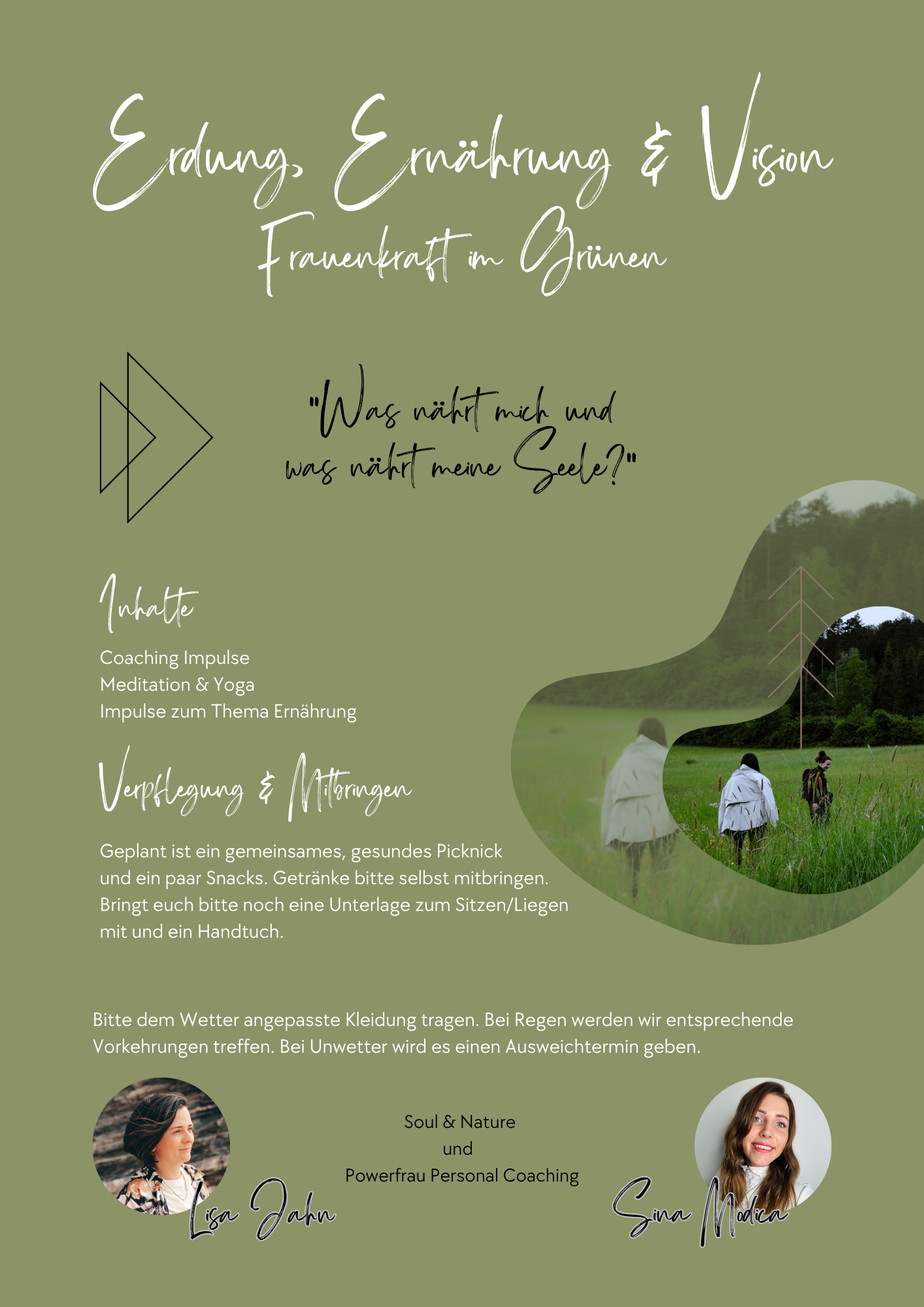 Informationsseite für ein gemeinsames Picknick mit Themen zu Erdung, Ernährung und Vision durch Frauen im Grünen mit Fotos und Kontaktpersonen Liza Jahn und Gina Morena.