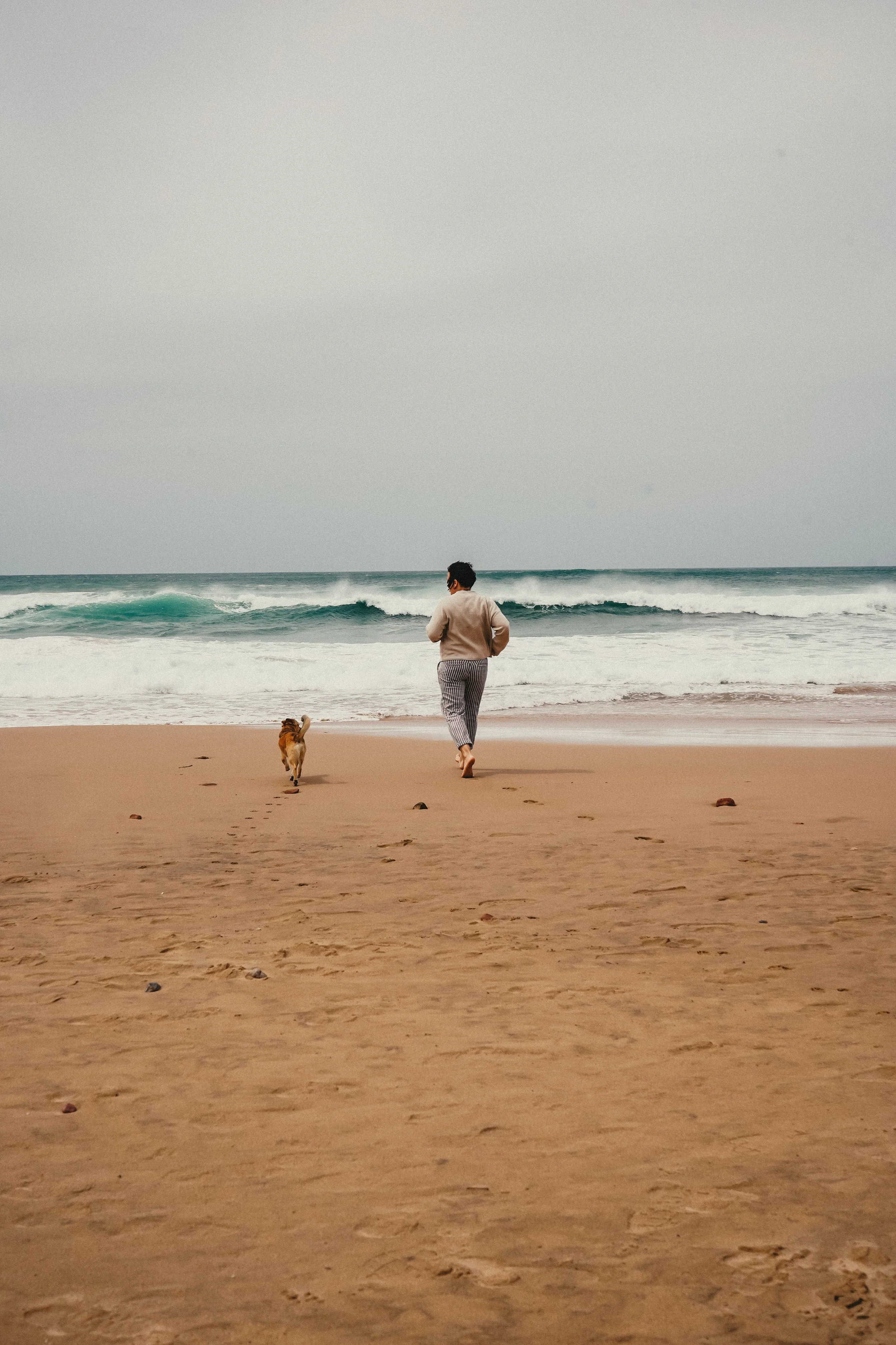 Eine Person mit Hund läuft barfuß am Strand in Richtung Meer, Wellen im Hintergrund, bewölkter Himmel.