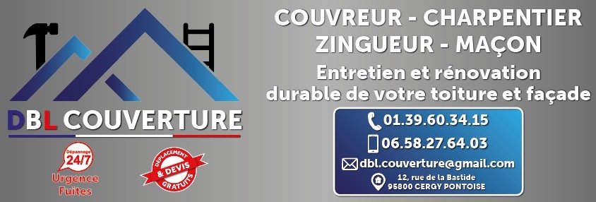 Carte de visite d'une entreprise de rénovation de toiture, charpente, zinguerie et maçonnerie, mentionnant un service d'urgence 24/7, un déplacement gratuit, coordonnées téléphoniques, email et adresse à Cergy Pontoise.