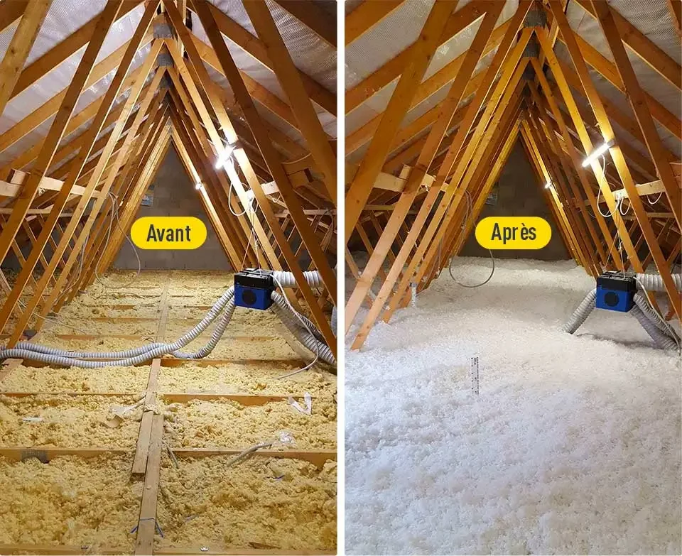 Avant et après isolation d'un grenier avec de la laine de roche. Sur la gauche, le sol du grenier est vide avec des solives apparentes. Sur la droite, le grenier est rempli de laine de roche, indiquant une isolation achevée.