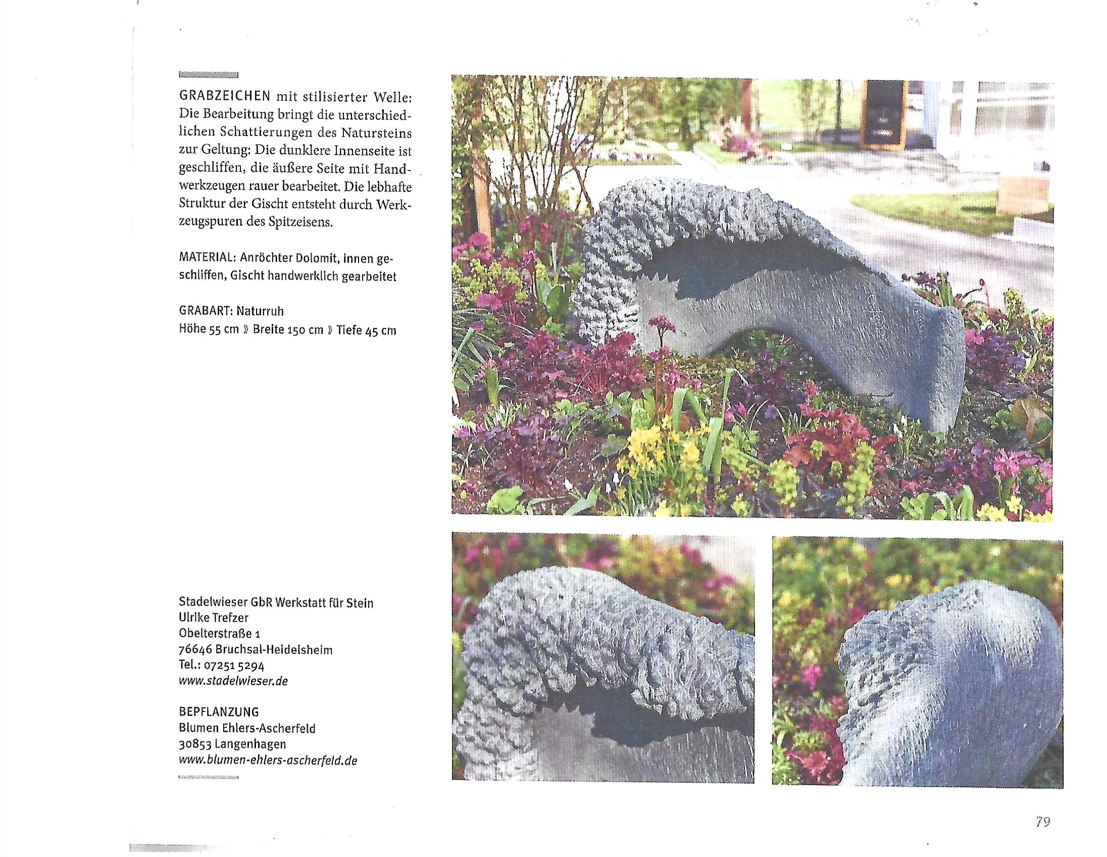 Photographies de sculptures en pierre de forme organique, entourées de fleurs dans un jardin.