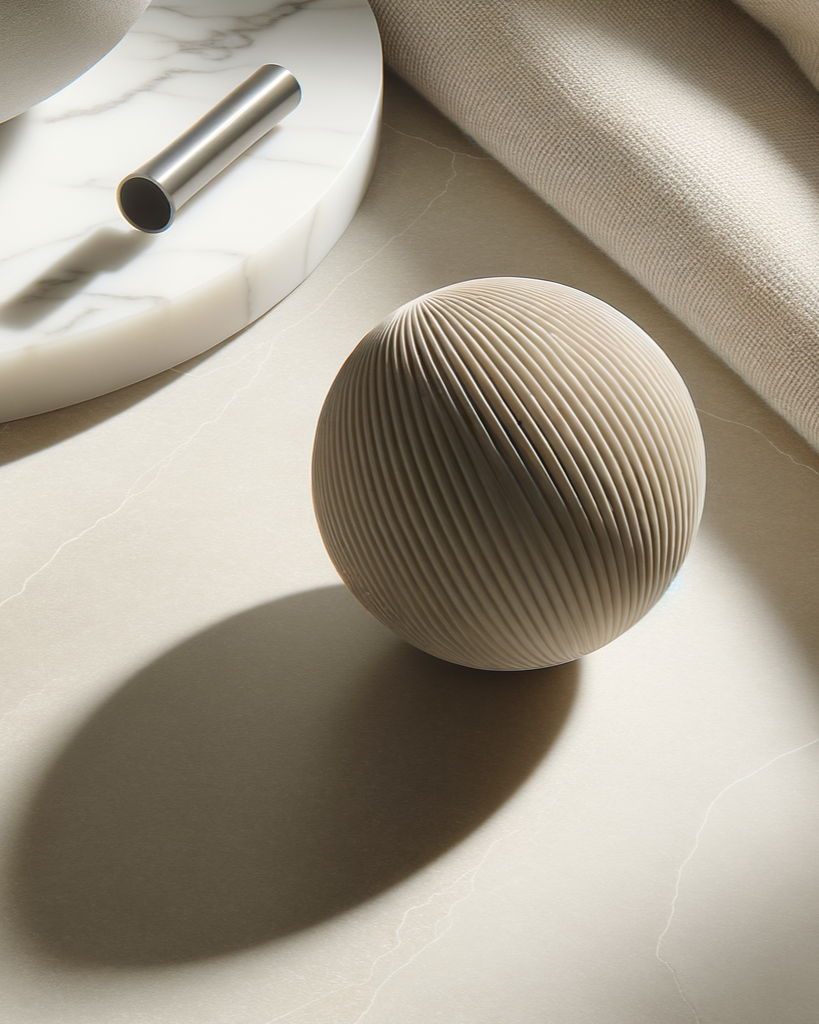 A beige ribbed spherical decorative object on a light-colored surface, with a shadow cast to the left. In the background, a marble tray with a metallic tube and a beige fabric is partially visible.