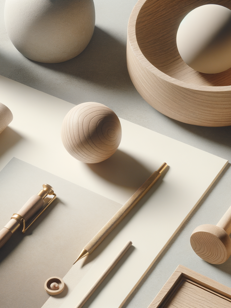 Minimalist arrangement of wooden objects including a sphere, a ring, a rolling pin, a textured pencil, and a round base, with neutral-colored paper and a soft shadow.