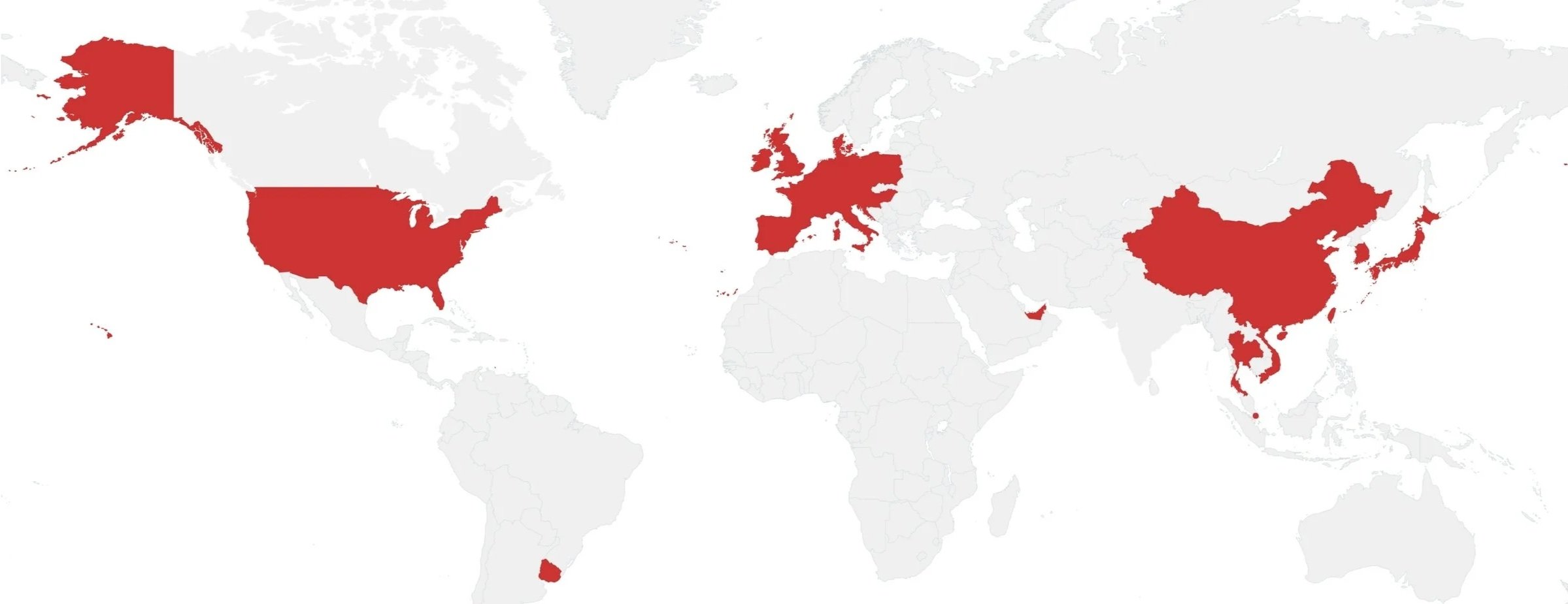 Map highlighting countries in North America, Europe, Asia, and Oceania in red.