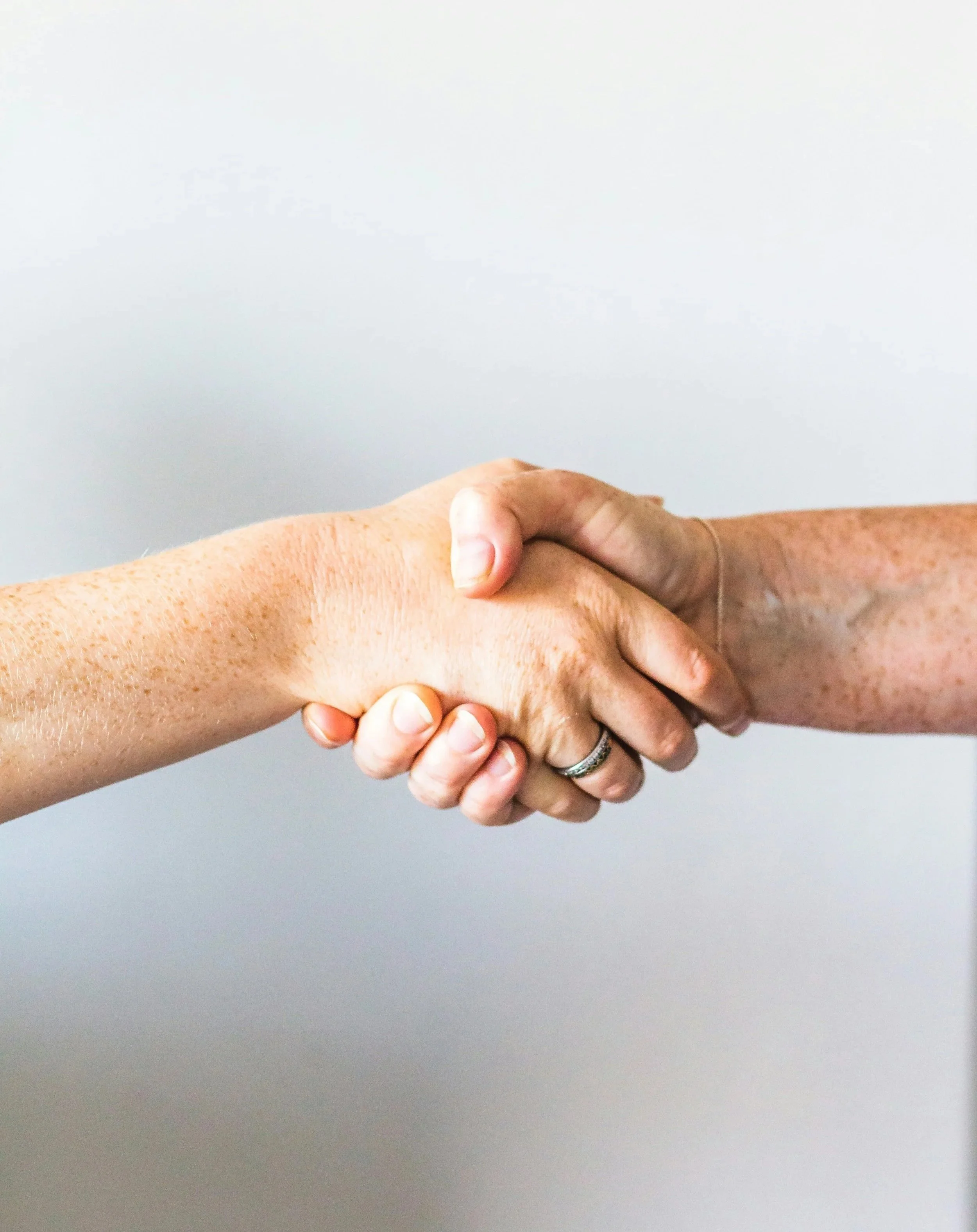 Two hands shaking against a white background.