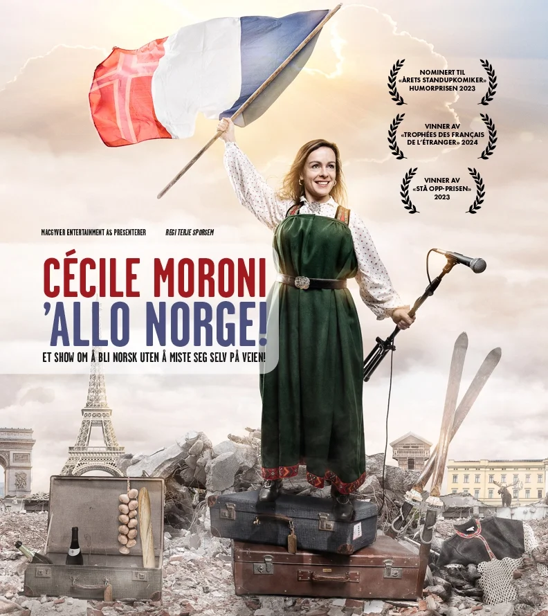 Showplakat for Cécile Moronis standupshow, 'Allo Norge