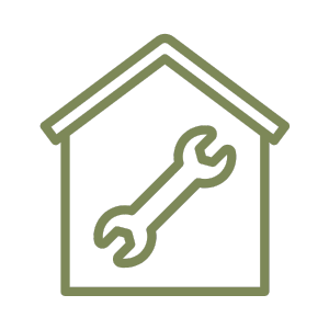 Outline of a house with a wrench inside, representing home repair or maintenance.
